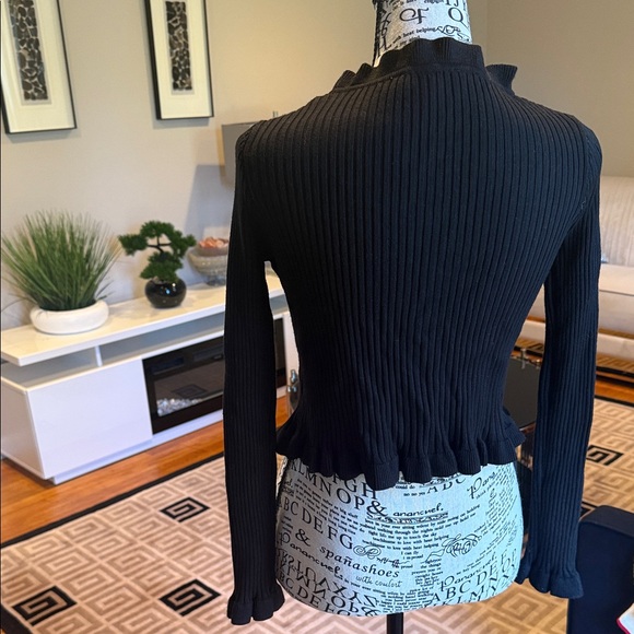 Mable Ribbed Black Ruffle-Trim Cardigan - Picture 7 of 10